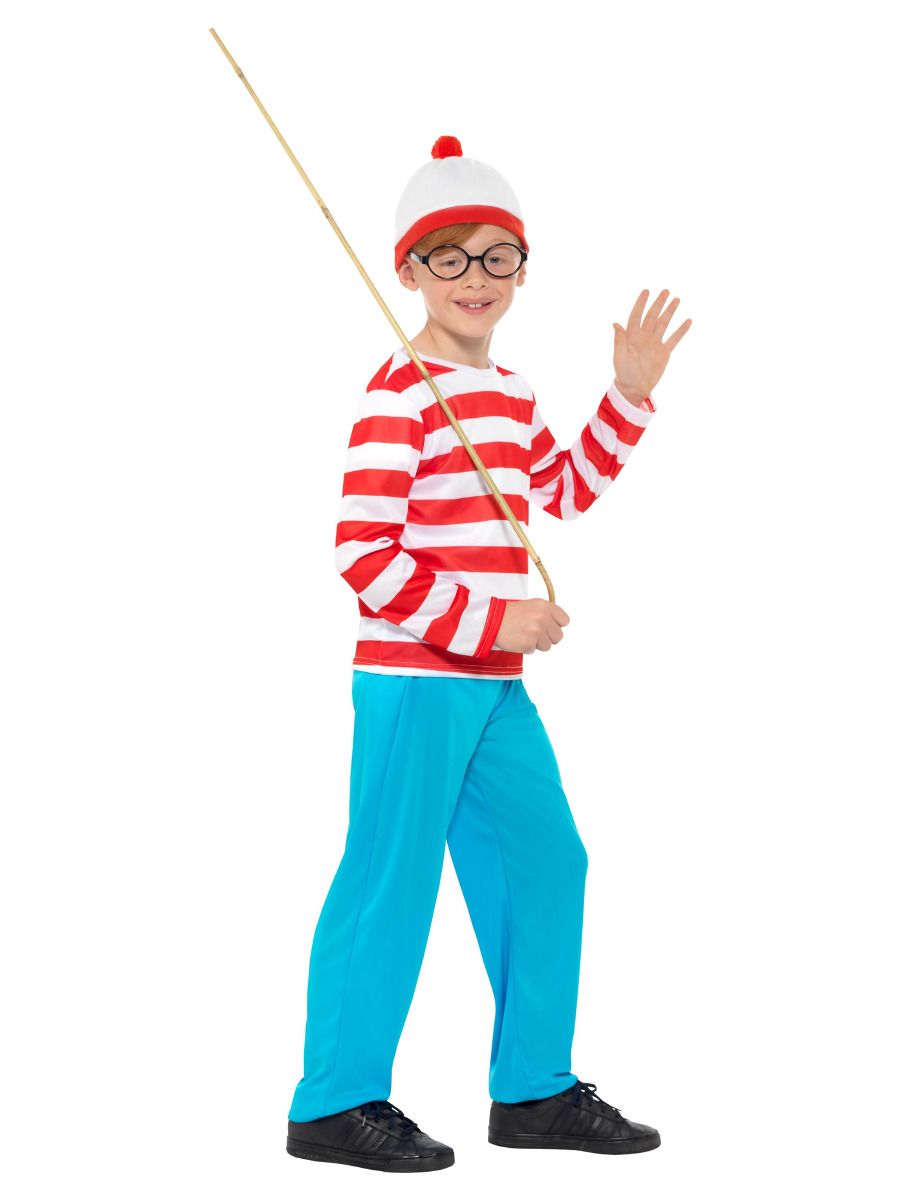 Kids Wheres Wally Costume Red and White Top Blue Trousers Glasses and Hat 2