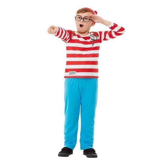Wheres Wally Deluxe Kids Costume Striped Top Blue Trousers Hat Glasses 1