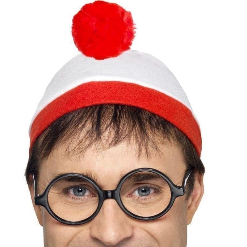 Wheres Wally Instant Kit Adult White Red Bobble Hat and Black Glasses 2