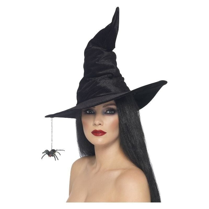 Witch Hat Adult Black Velour with Hanging Spider 1