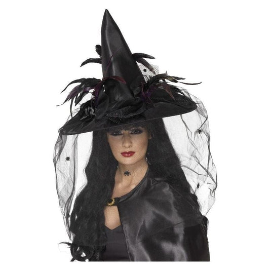 Witch Hat Feathers Spider Netting Adult Deluxe Black Halloween Costume Accessory 1