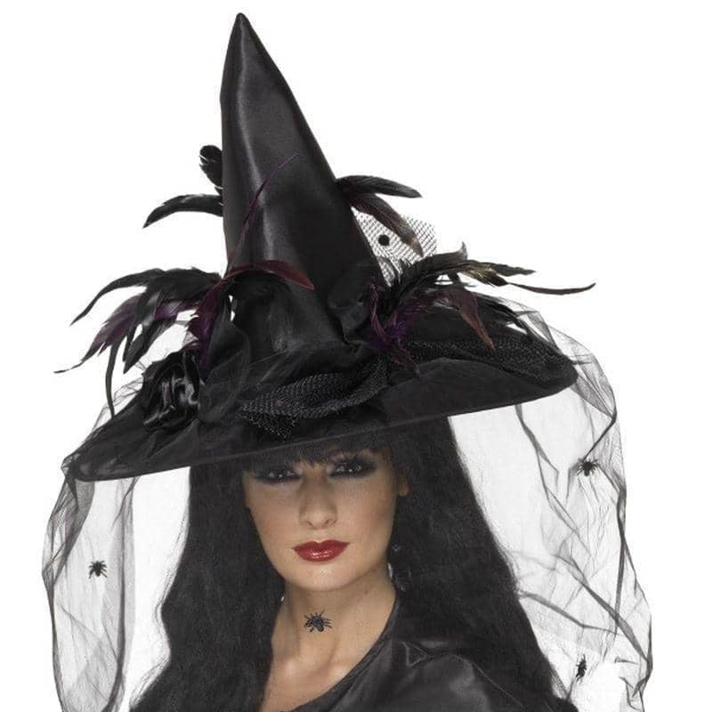 Witch Hat Feathers Spider Netting Adult Deluxe Black Halloween Costume Accessory 2