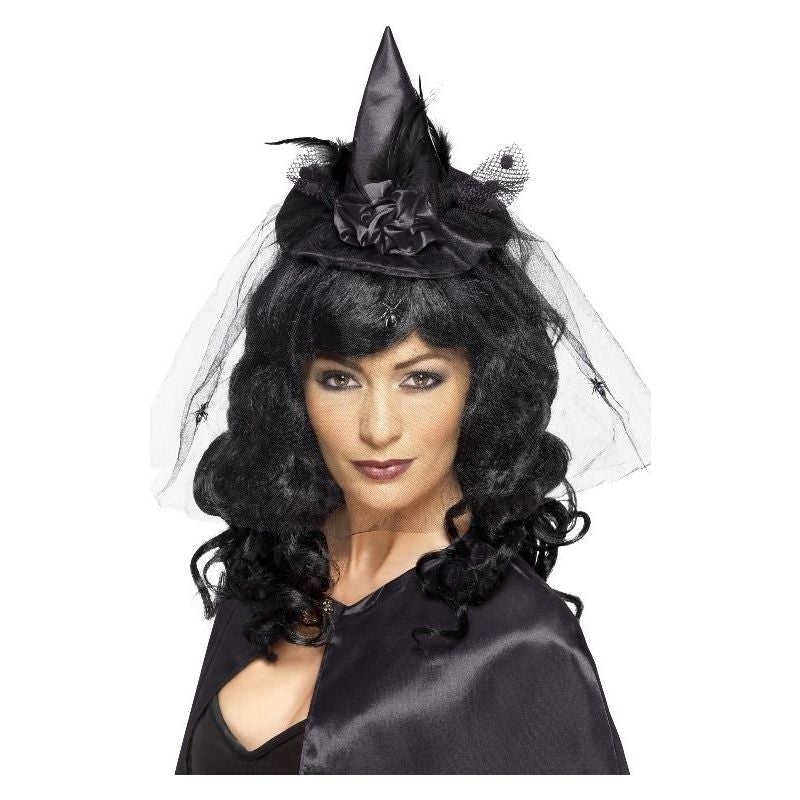 Witch Hat Mini Adult Black Costume Accessory Headband Feathers Netting 2