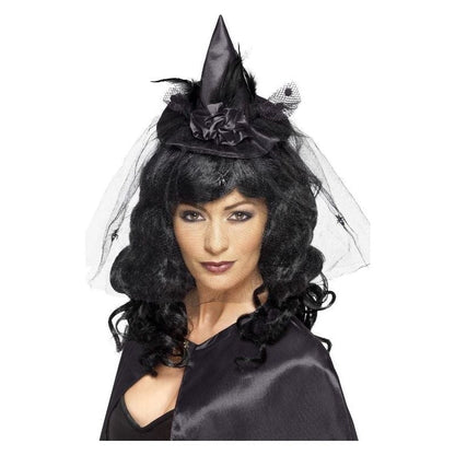 Witch Hat Mini Adult Black Costume Accessory Headband Feathers Netting 2