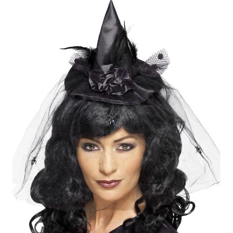 Witch Hat Mini Adult Black Costume Accessory Headband Feathers Netting_1