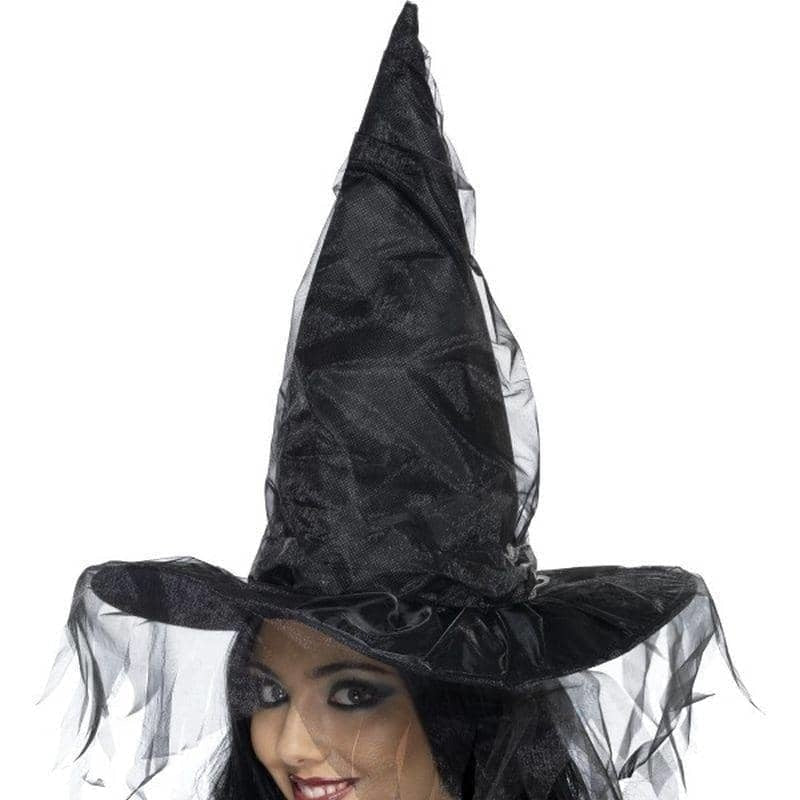 Witch's Adult Black Hat with Netting - Perfect for Spooky Occasions 1