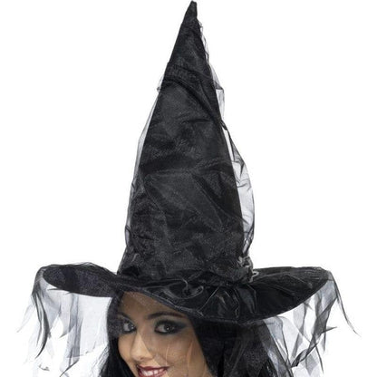Witch's Adult Black Hat with Netting - Perfect for Spooky Occasions 1