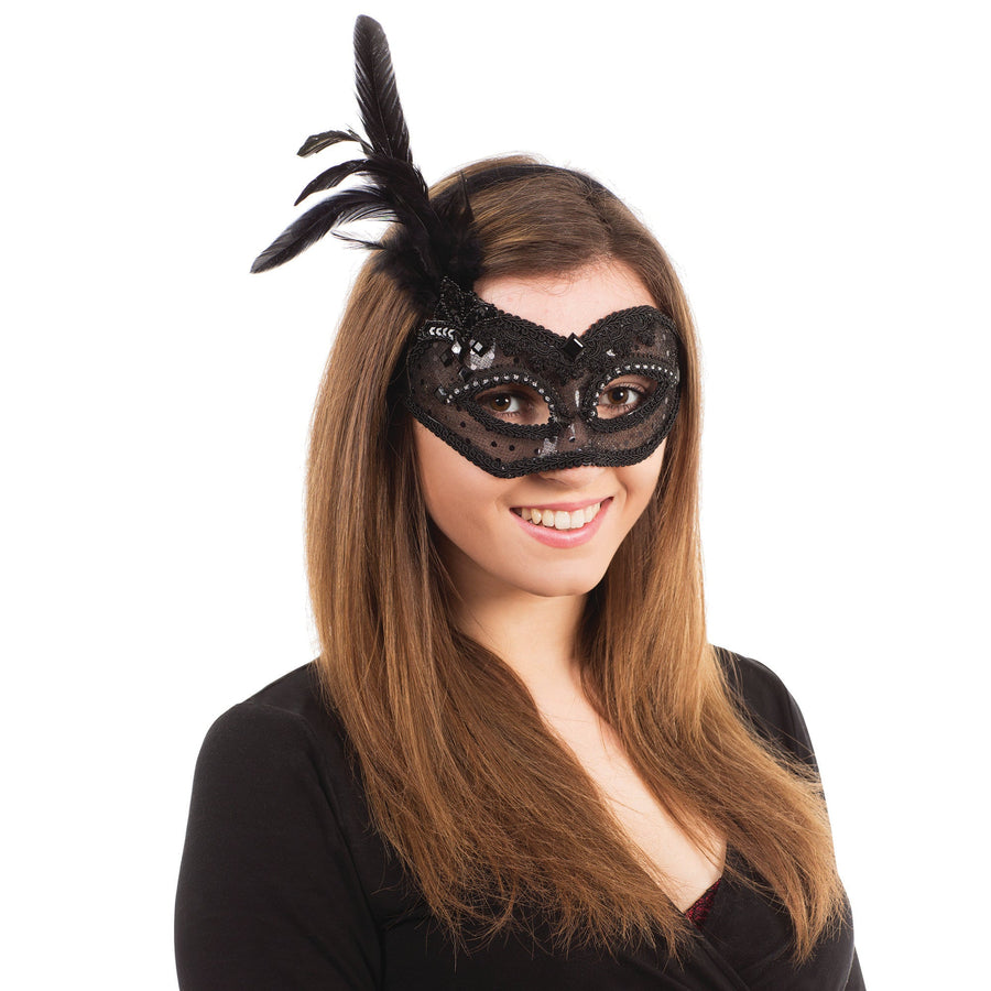 Womens Black Transparent With Feathers Eye Masks Female Halloween Costume_1