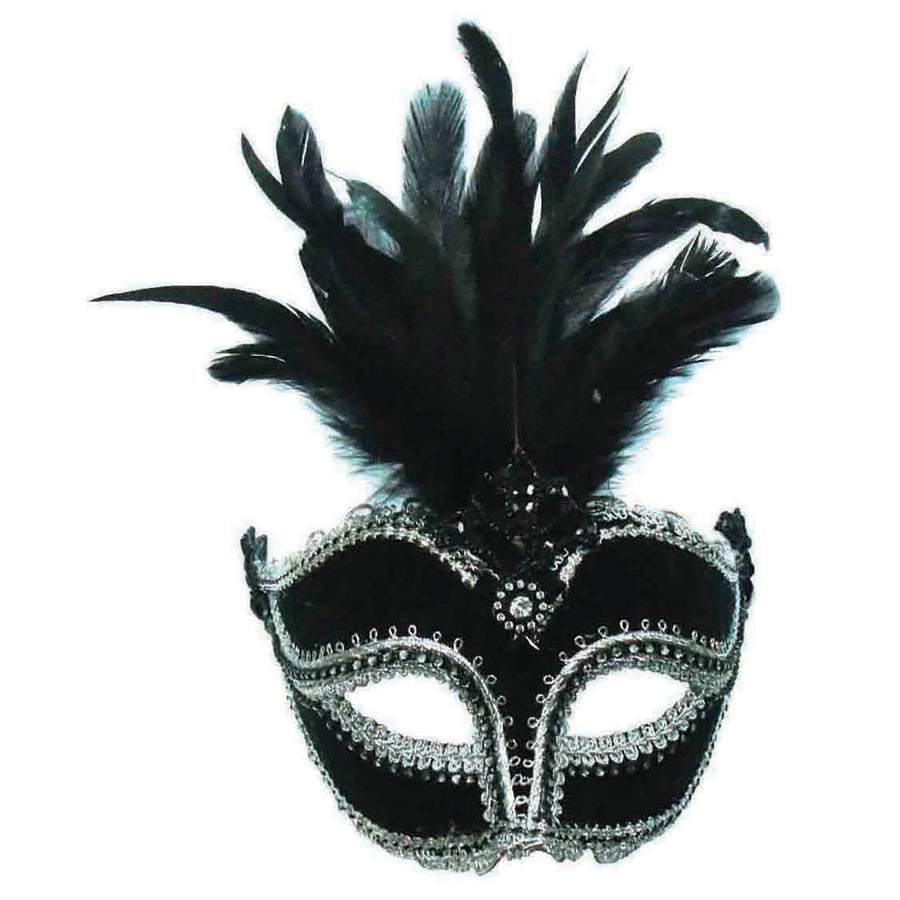 Womens Black Velvet Mask Tall Feather Eye Masks Female Halloween Costume_1