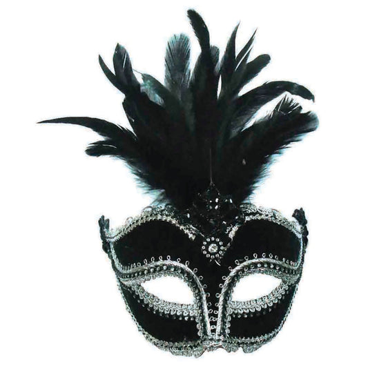 Womens Black Velvet Mask Tall Feather Eye Masks Female Halloween Costume 1