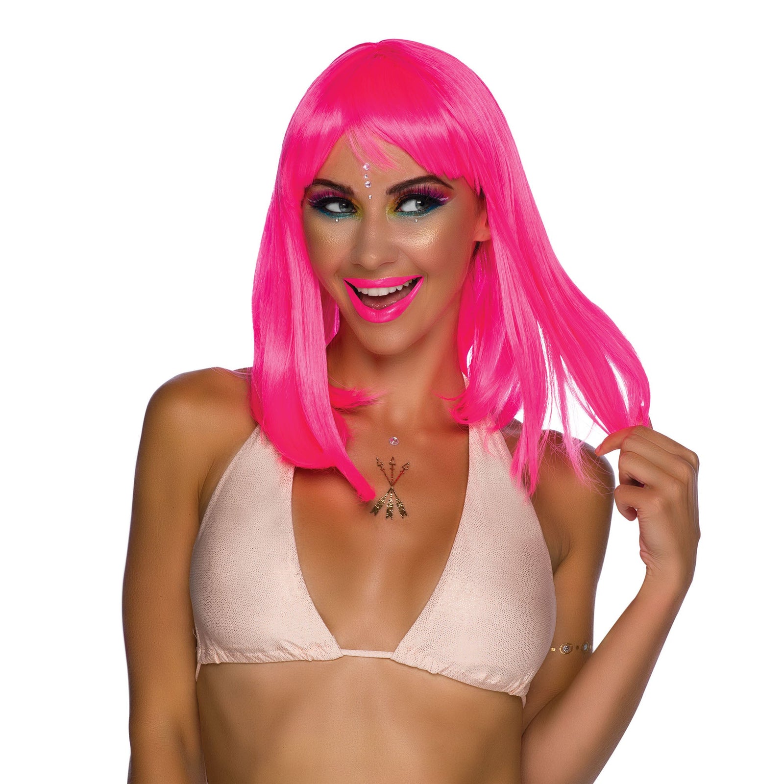 Womens Chic Doll Neon Pink Wigs Female Halloween Costume 2