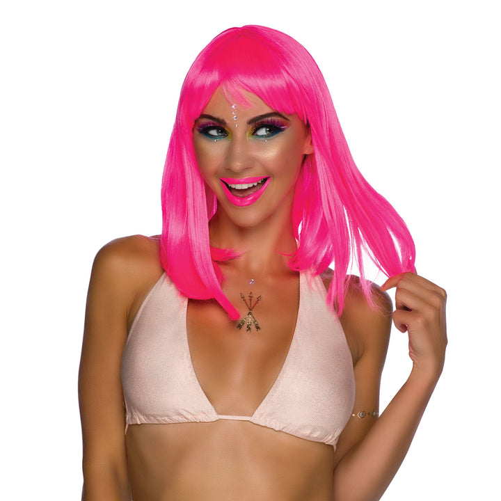 Womens Chic Doll Neon Pink Wigs Female Halloween Costume_2