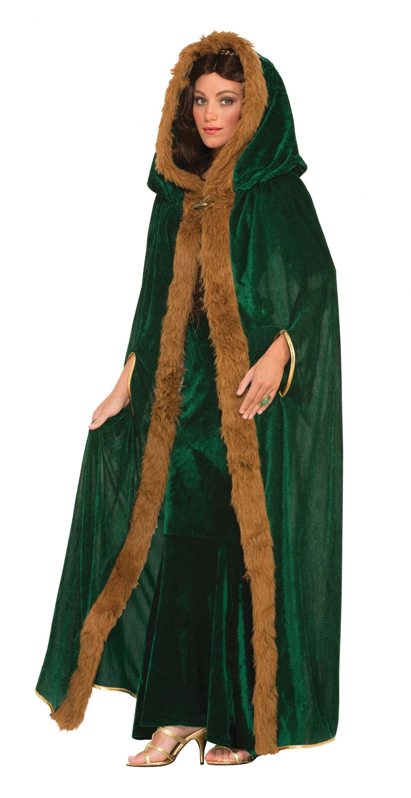 Womens Faux Fur Trimmed Cape Green Female Adult Costume Halloween 1