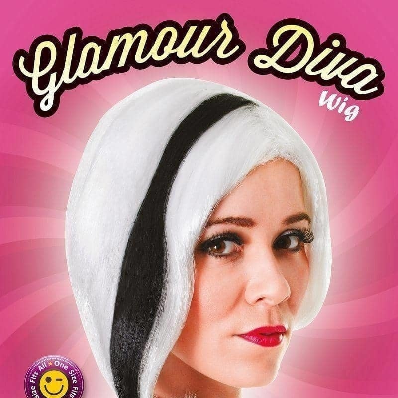 Size Chart Womens Glamour Diva White With Black Streak Wigs Female Halloween Costume