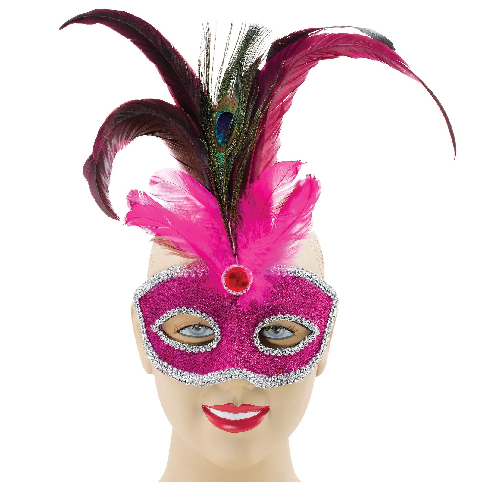 Womens Pink + Tall Peacock Feather Eye Masks Female Halloween Costume 1