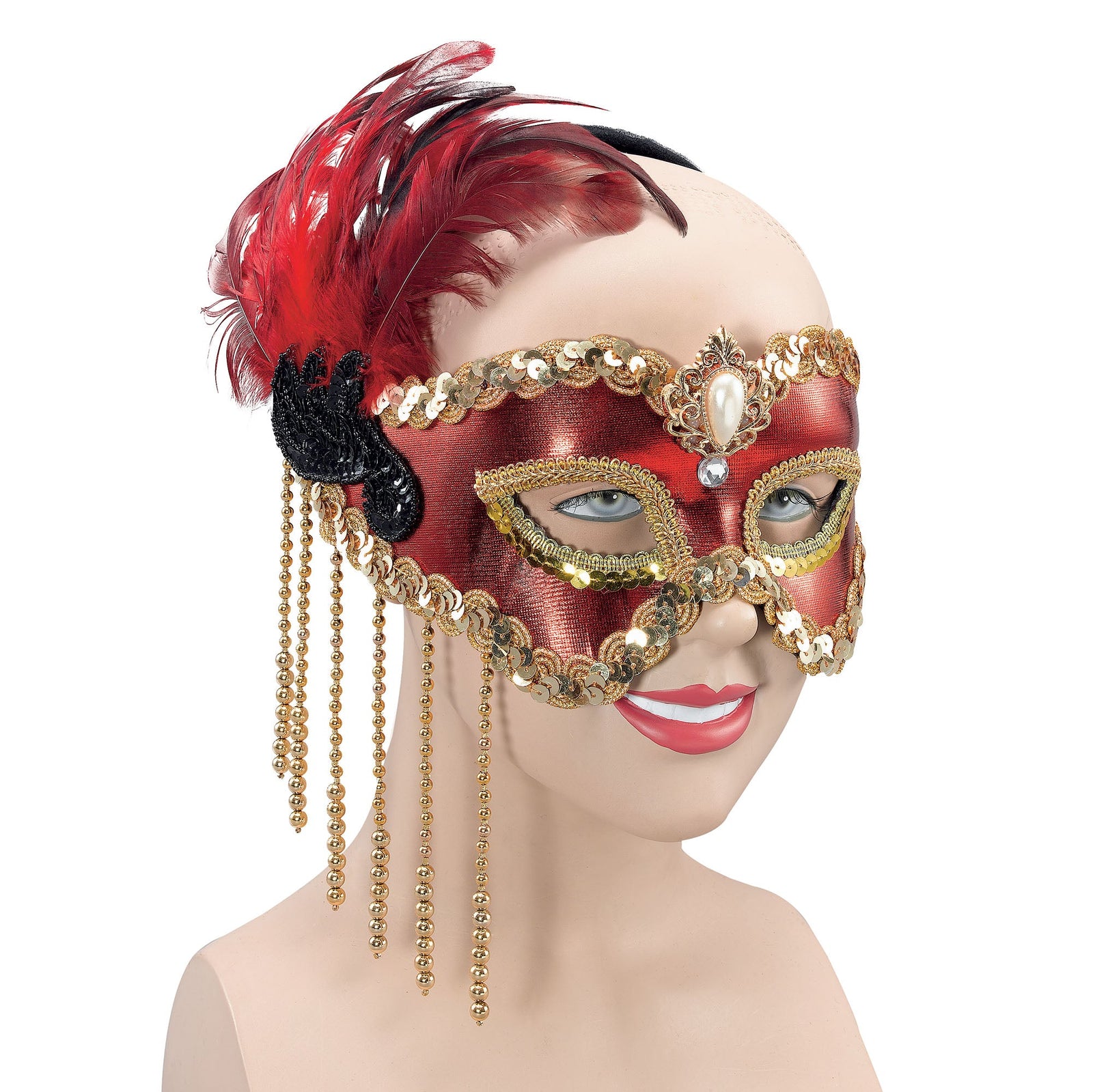 Womens Red Satin Mask & Feathers Eye Masks Female Halloween Costume 1