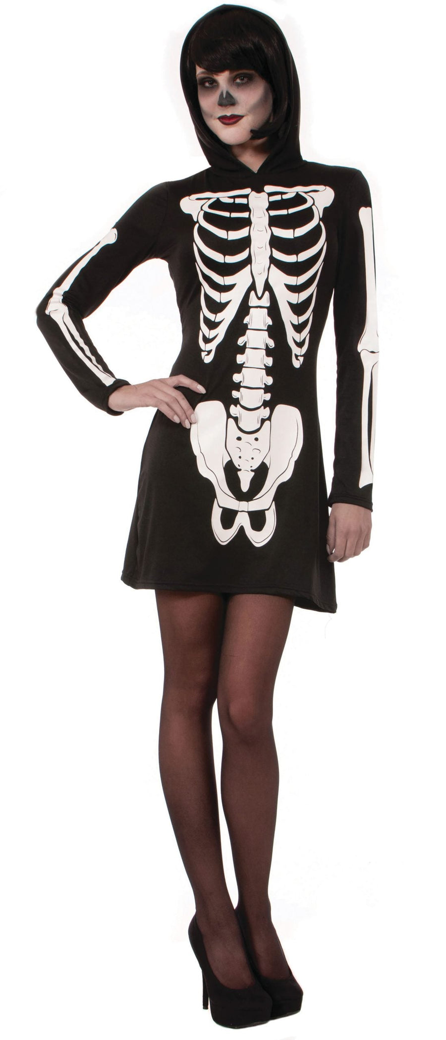 Womens Skeleton Mini Dress Hooded Adult Costume Female Halloween_1