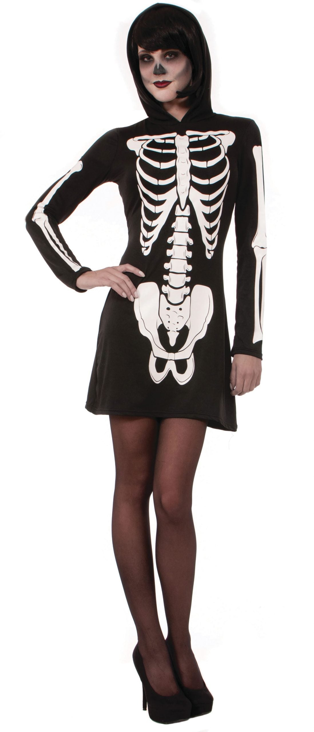 Womens Skeleton Mini Dress Hooded Adult Costume Female Halloween 1