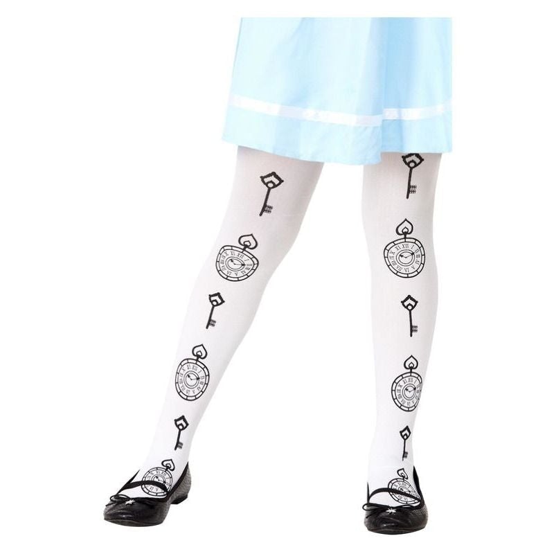 Wonderland Clock Print Tights White Girls 6 to 12 1