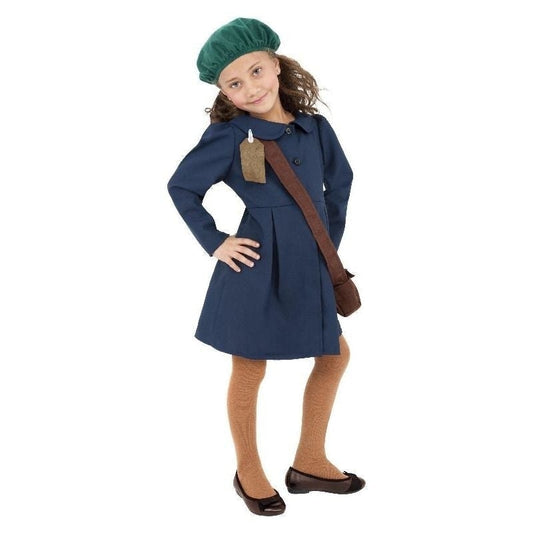 World War II Evacuee Girl Costume Kids Blue Dress Hat Bag Nametag 2