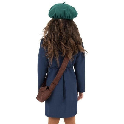 World War II Evacuee Girl Costume Kids Blue Dress Hat Bag Nametag 3