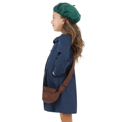 World War II Evacuee Girl Costume Kids Blue Dress Hat Bag Nametag 4