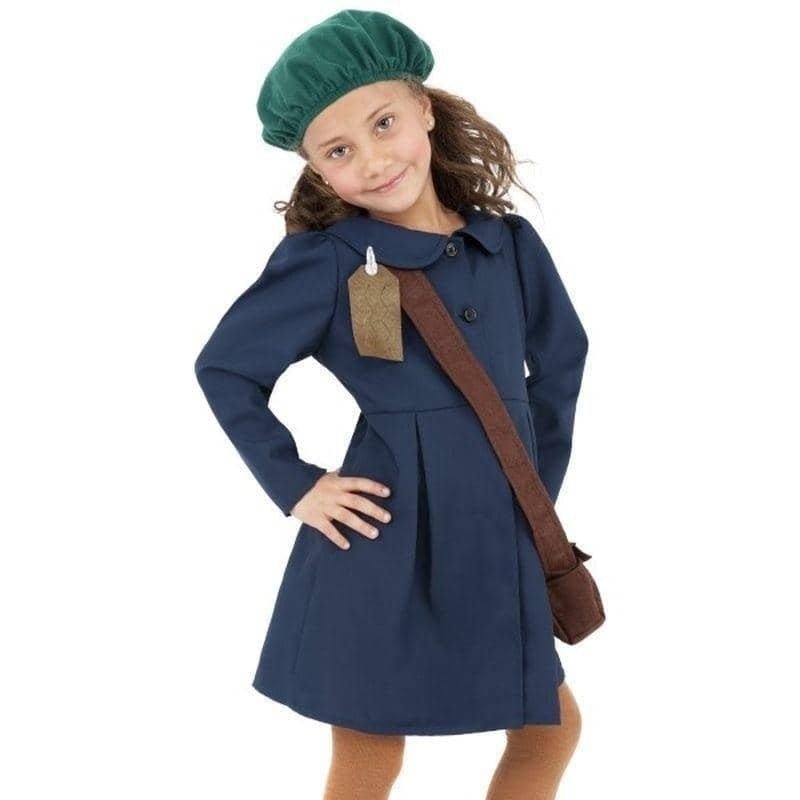 World War II Evacuee Girl Costume Kids Blue Dress Hat Bag Nametag 1