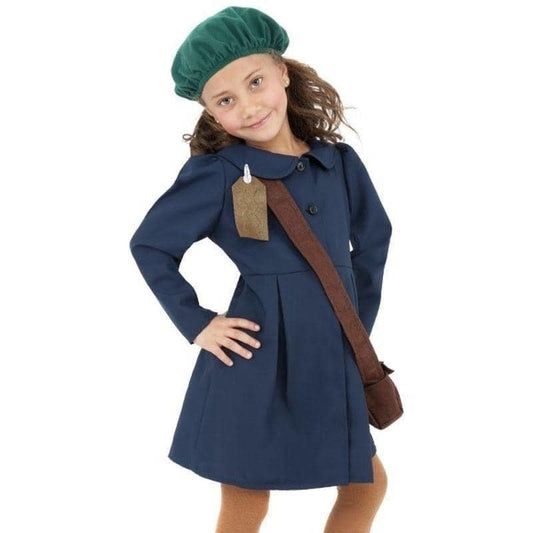 World War II Evacuee Girl Costume Kids Blue Dress Hat Bag Nametag 1