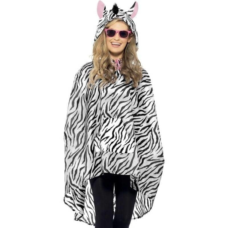 Zebra Party Festival Poncho Adult White Black Drawstring Bag 1