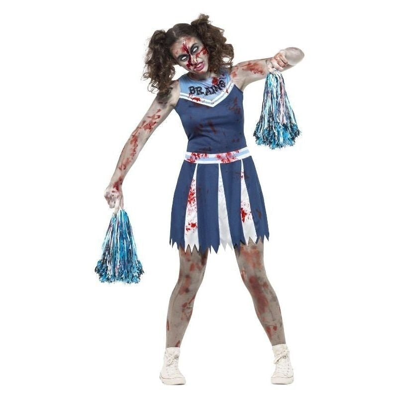 Zombie Cheerleader Costume Teen Blooded Blue Dress and Pom Poms 1