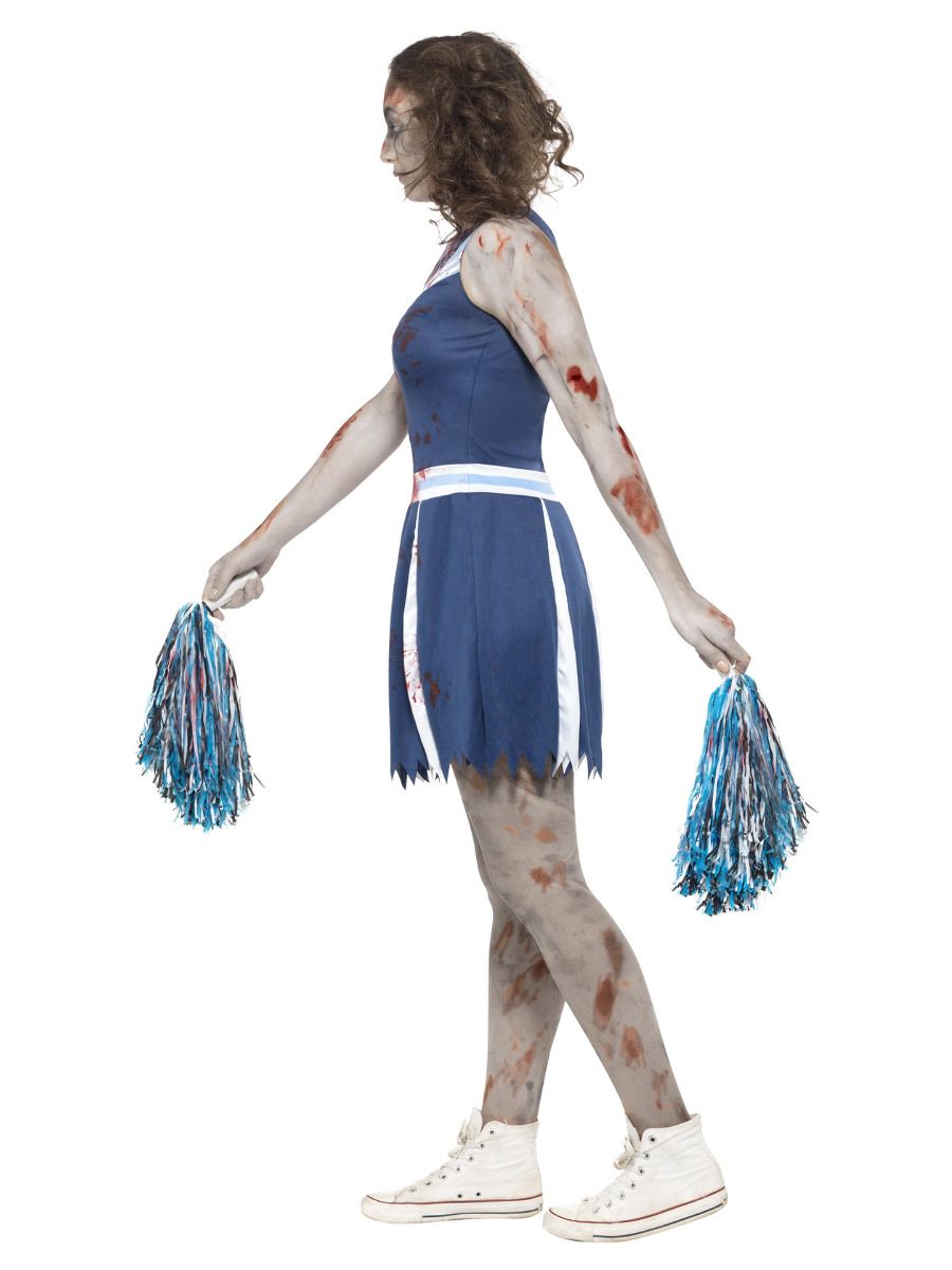 Zombie Cheerleader Costume Teen Blooded Blue Dress and Pom Poms 2