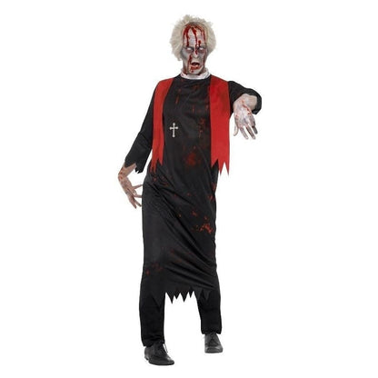Zombie High Priest Mens Costume Black Blood Stained Tunic and Cross Necklace 1