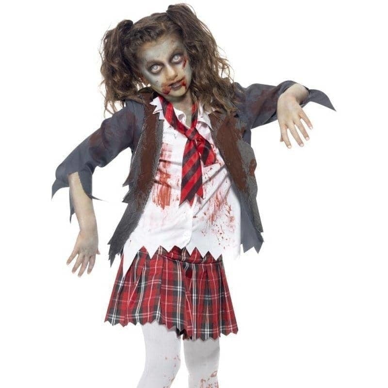 Zombie School Girl Costume Kids Grey Jacket Tartan Skirt Mock Shirt Tie 1