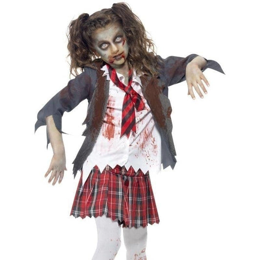 Zombie School Girl Costume Kids Grey Jacket Tartan Skirt Mock Shirt Tie 1