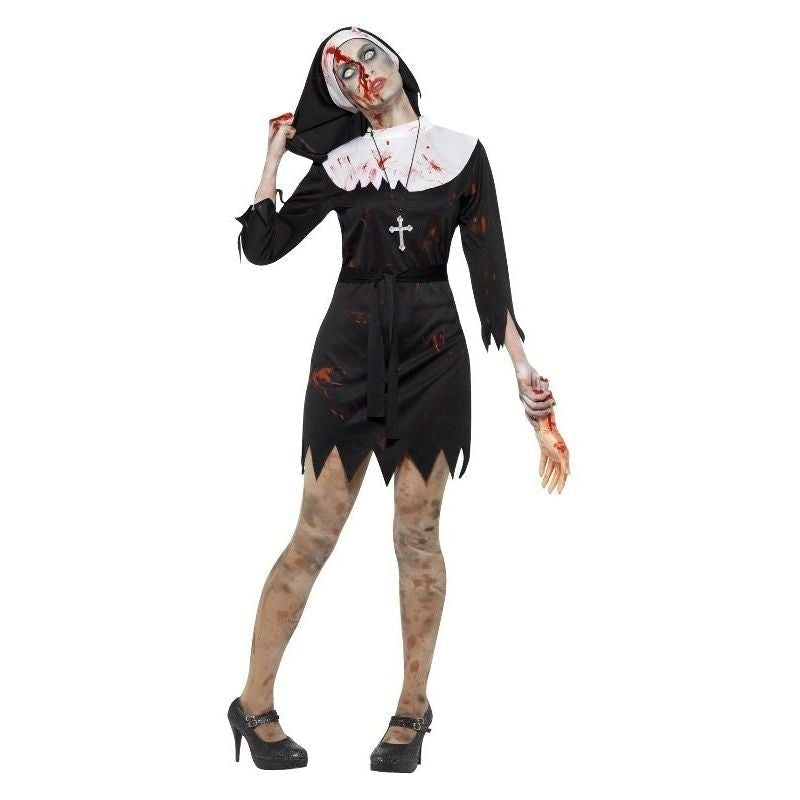Zombie Sister Costume Womens Black Dress Headpiece Belt and Cross Necklace 1