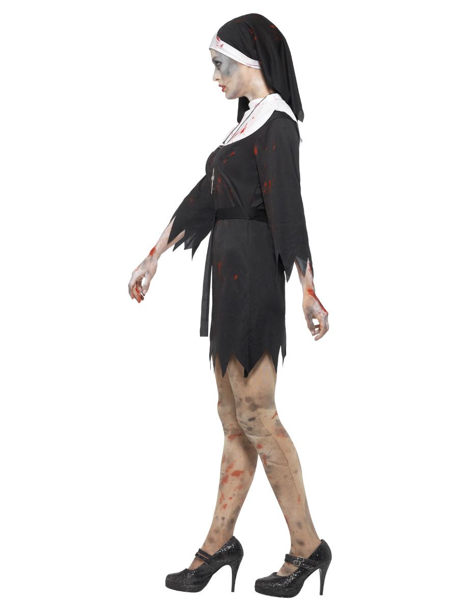 Zombie Sister Costume Womens Black Dress Headpiece Belt and Cross Necklace 2