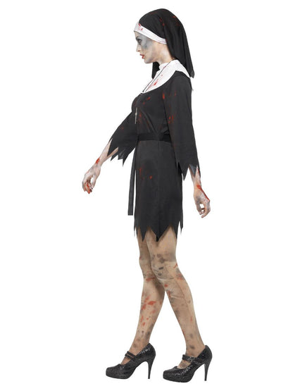 Zombie Sister Costume Womens Black Dress Headpiece Belt and Cross Necklace 2