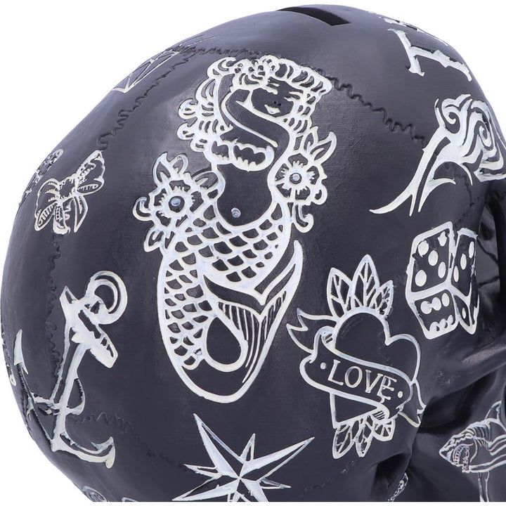 Black and White Traditional Tribal Tattoo Fund Skull Money Box Piggy Bank