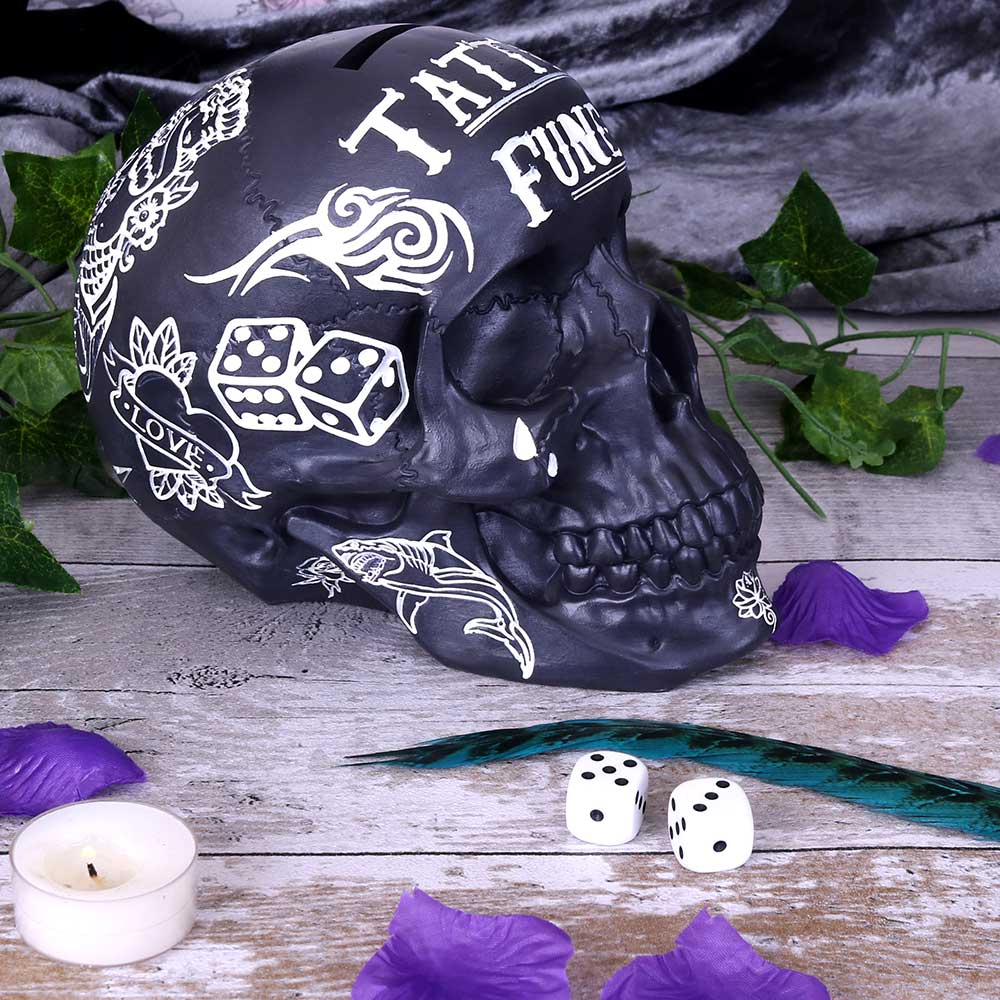Black and White Traditional Tribal Tattoo Fund Skull Money Box Piggy Bank 9