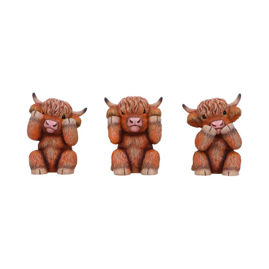 Three Wise Highland Cow Figurines Cows 9.6cm 1