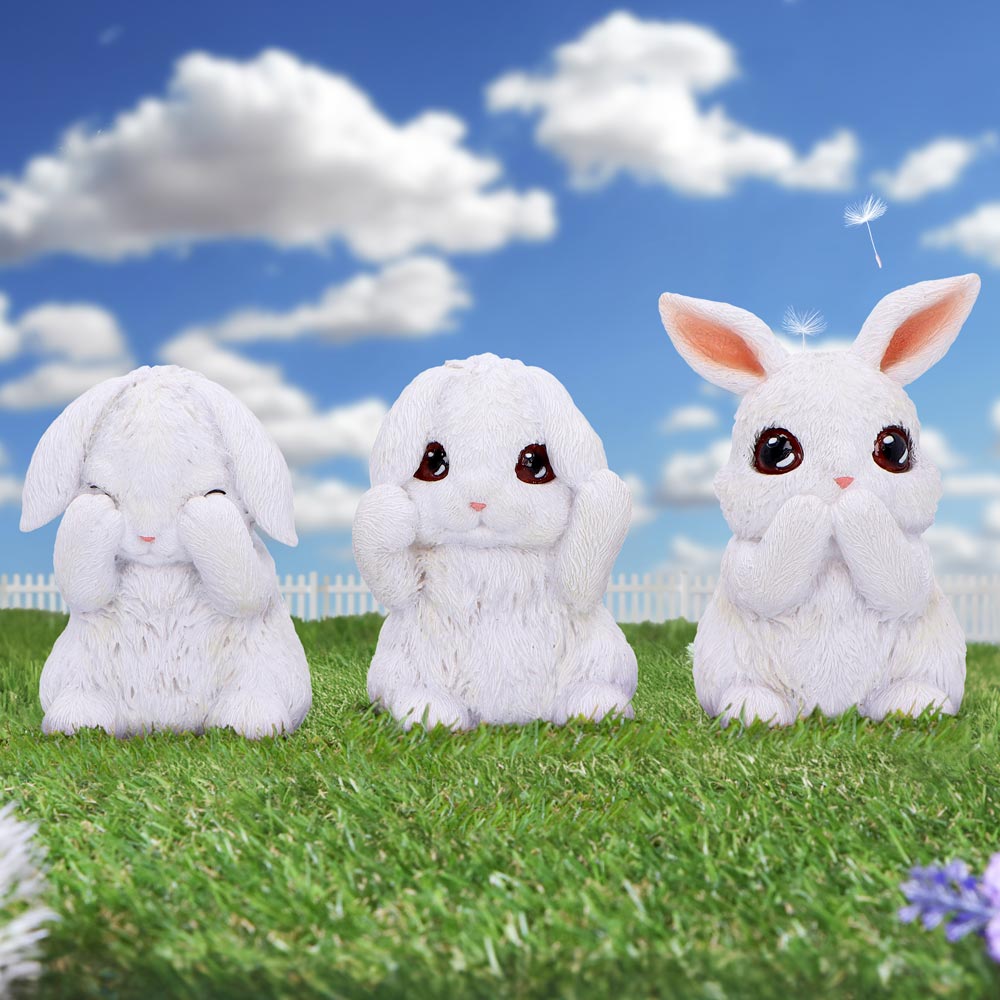 Three Wise White Bunny Figurines Bunnies 9cm 7