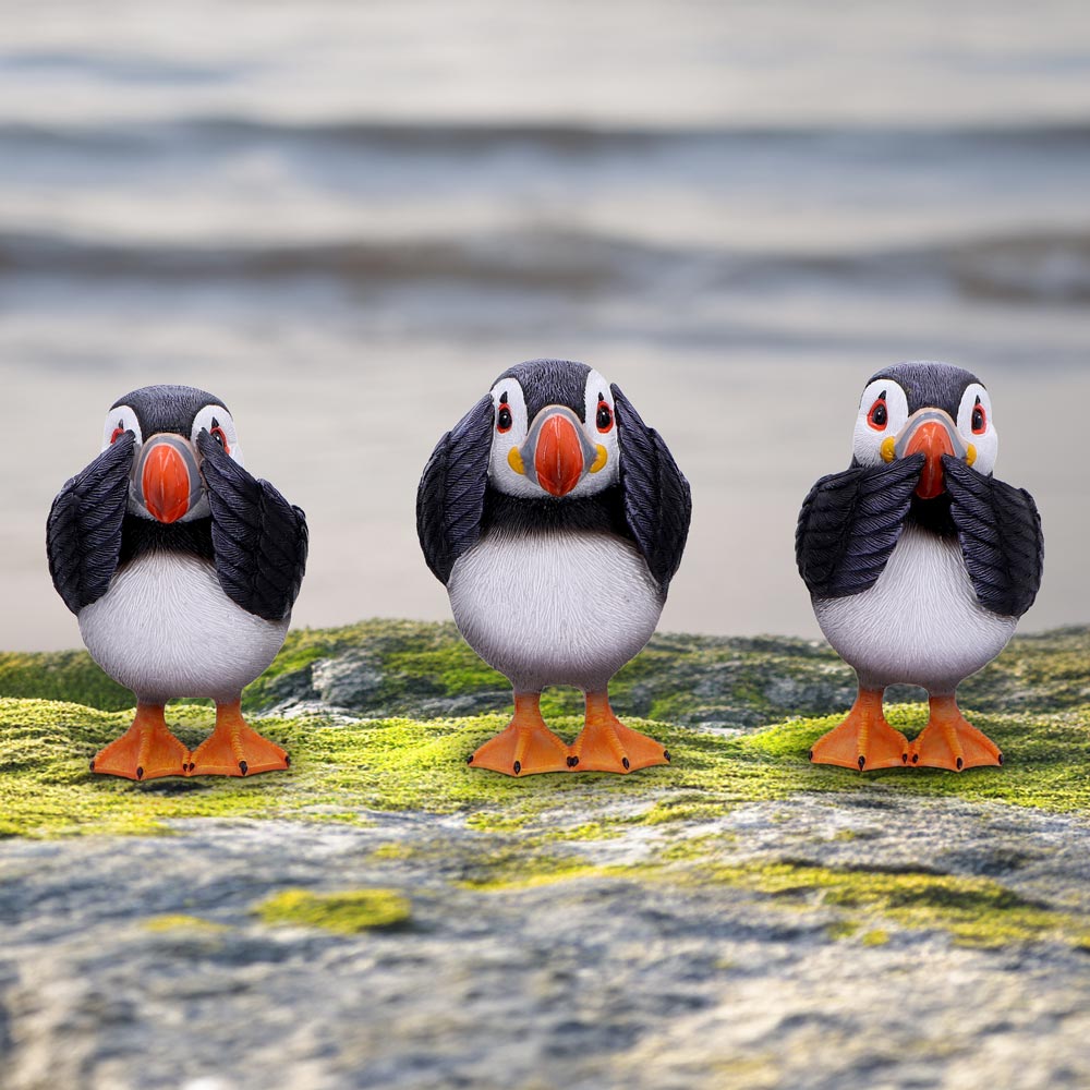 Three Wise Puffin Figurines Puffins 9cm Polyresin Statues 7