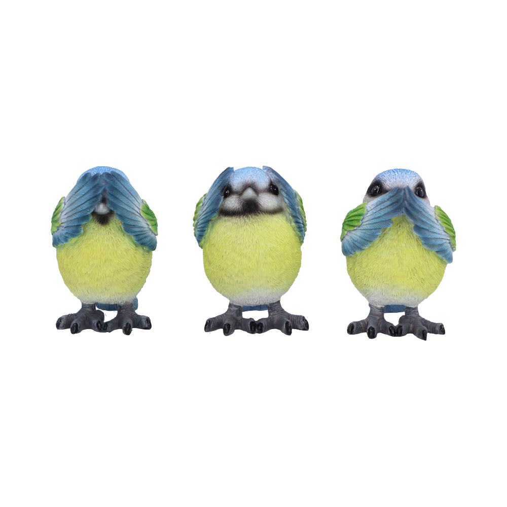 Three Wise Blue Tit Figurines in See no Hear Speak Evil Poses 8cm