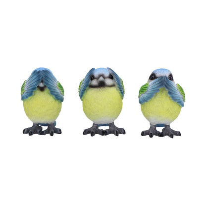 Three Wise Blue Tit Figurines in See no Hear Speak Evil Poses 8cm 1