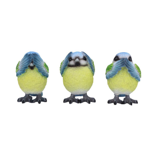 Three Wise Blue Tit Figurines in See no Hear Speak Evil Poses 8cm 1