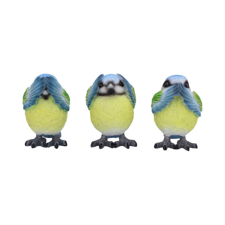 Three Wise Blue Tit Figurines in See no Hear Speak Evil Poses 8cm