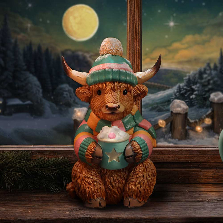 Winter Highland Cow Hot Cocoa Figurine 12.3cm
