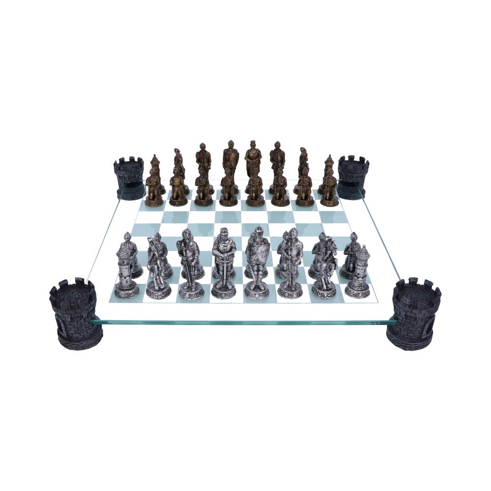 Raised Medieval Knight Chess Set with Corner Towers 43cm Board with Resin Pieces 1