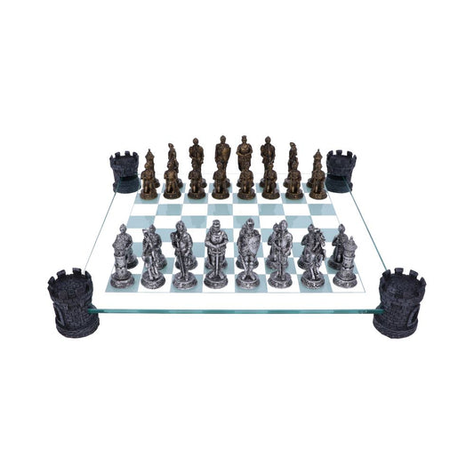 Raised Medieval Knight Chess Set with Corner Towers 43cm Board with Resin Pieces 1