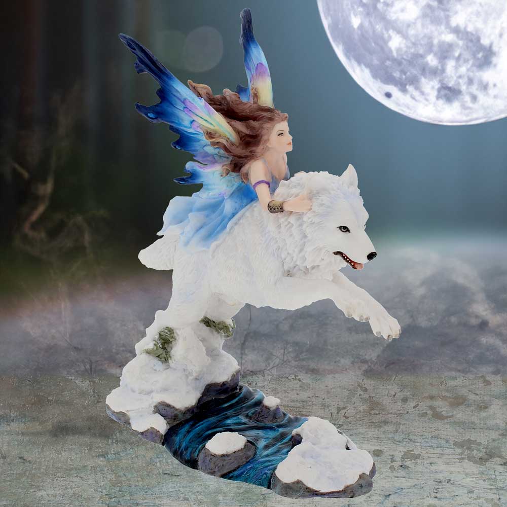 Free Spirit Figurine Fairy and White Winter Wolf Ornament 23.5cm